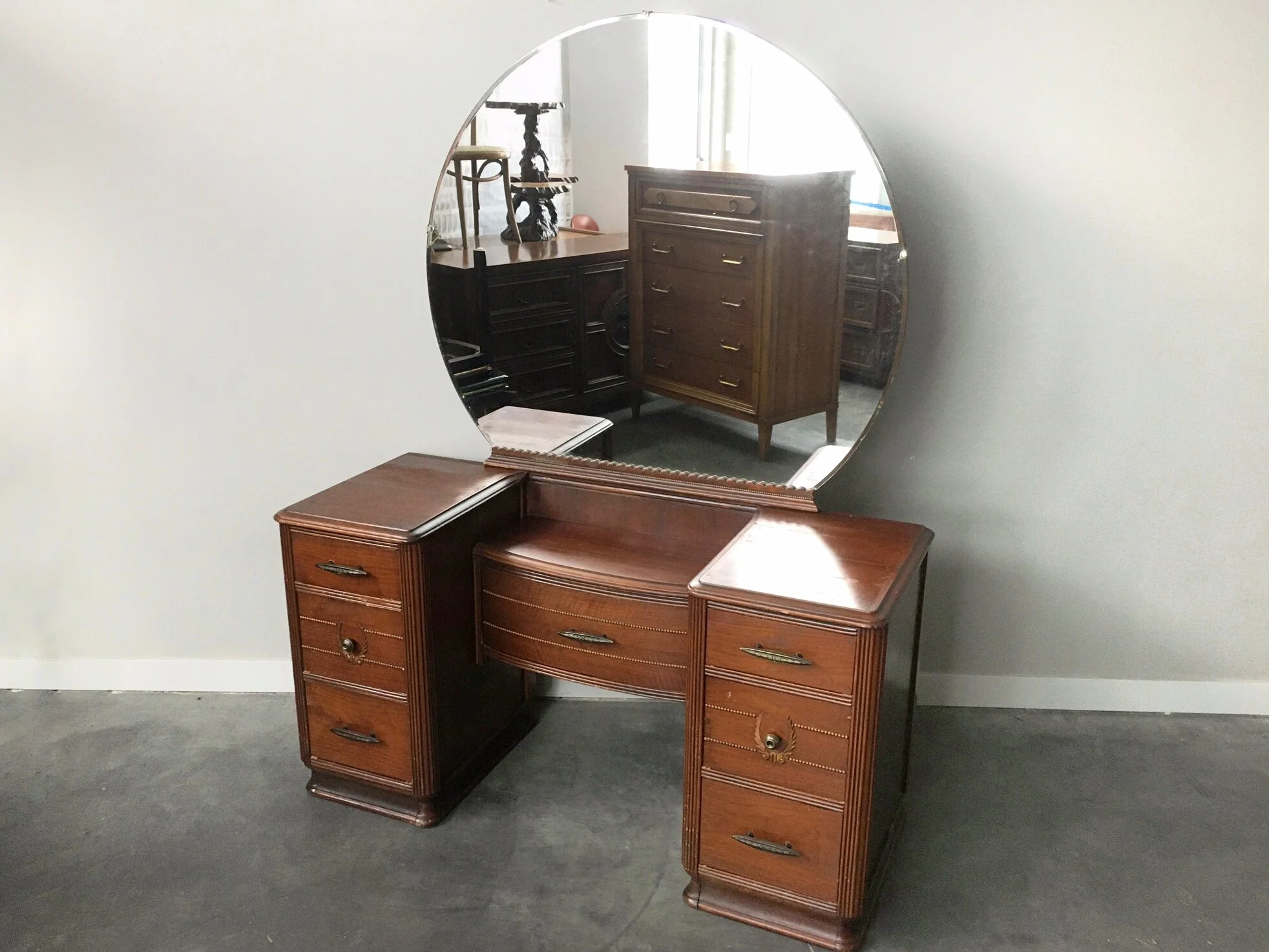 vintage vanity with round mirror by Built by John