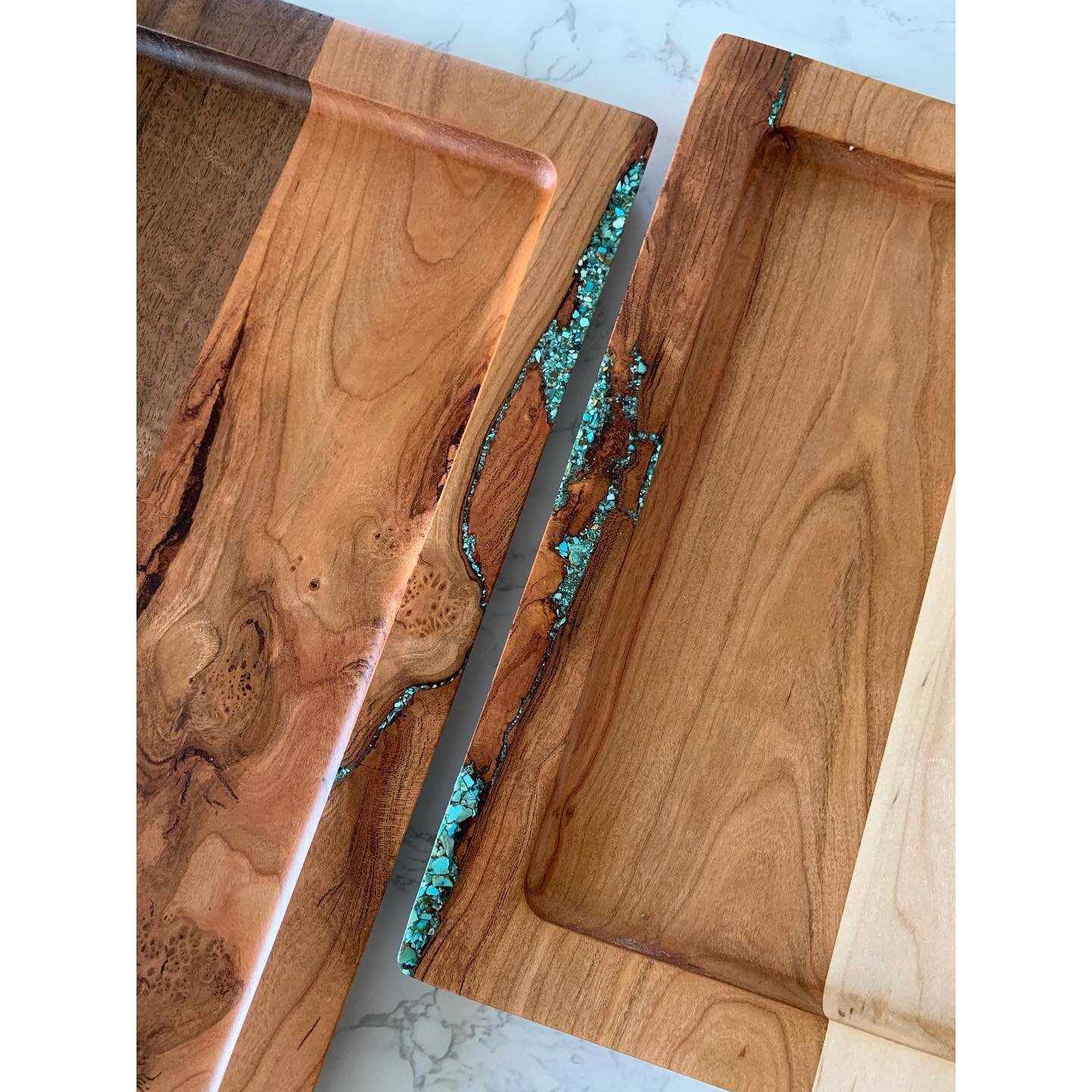 SHOP UPDATE!! 
Lots of new pieces for sale in our online shop, including these two trays. Cherry/walnut and cherry/ambrosia maple both with Cerrillos Turquoise Inlays. 
&bull;
&bull;
&bull; #tetradesignworks #woodworking #wooddesign #tray #servingtra