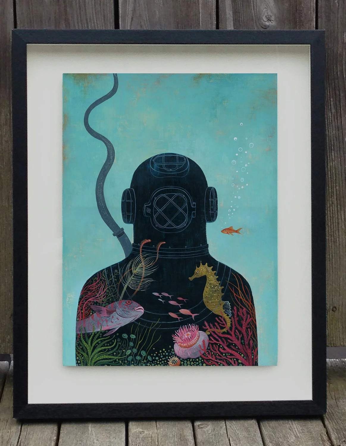 Diver, $2000 <p>Acrylic on masonite, floating shadow box frame 17” x 21" x1.75”