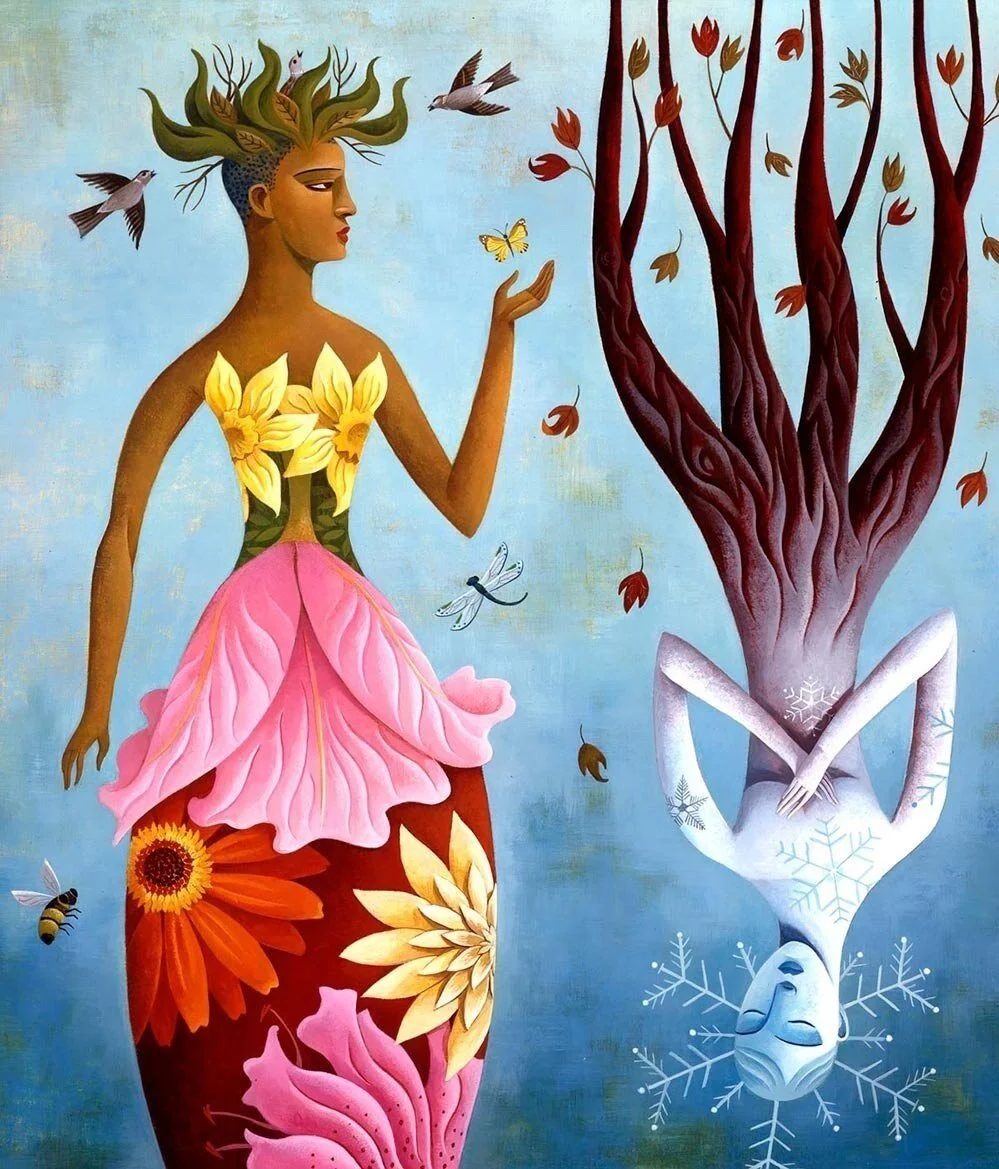 Seasons $2400 SOLD Acrylic on gessoed masonite, framed 20.75” x 21.75” x2"