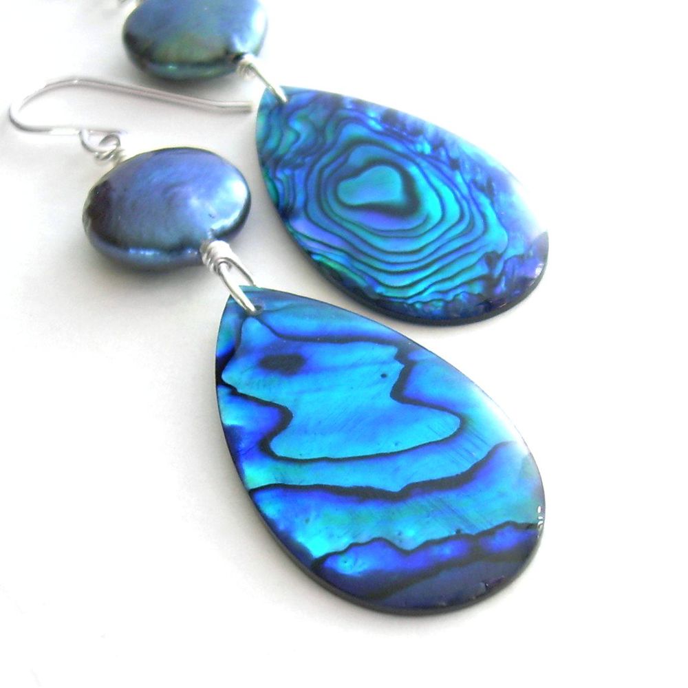 Ocean Blue Sea glass beadsPuka Shell and Pearl Earrings