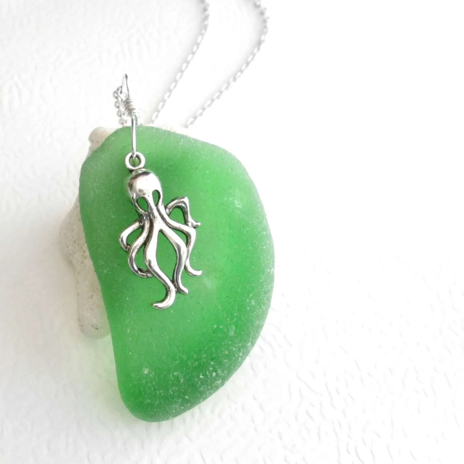 Silver Octopus Necklace, Large Green Sea Glass Pendant