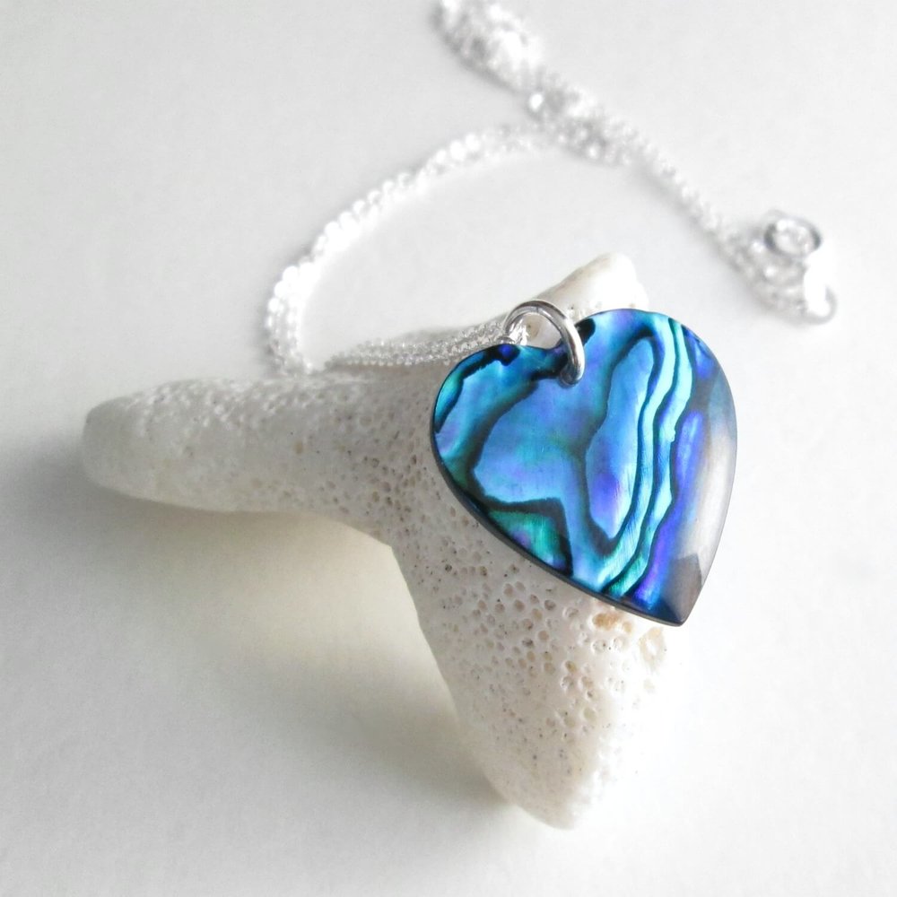 Handmade Huge Heart Pendant – Natural Rainbow Abalone Shell & Silver On Copper – Statement Necklace
