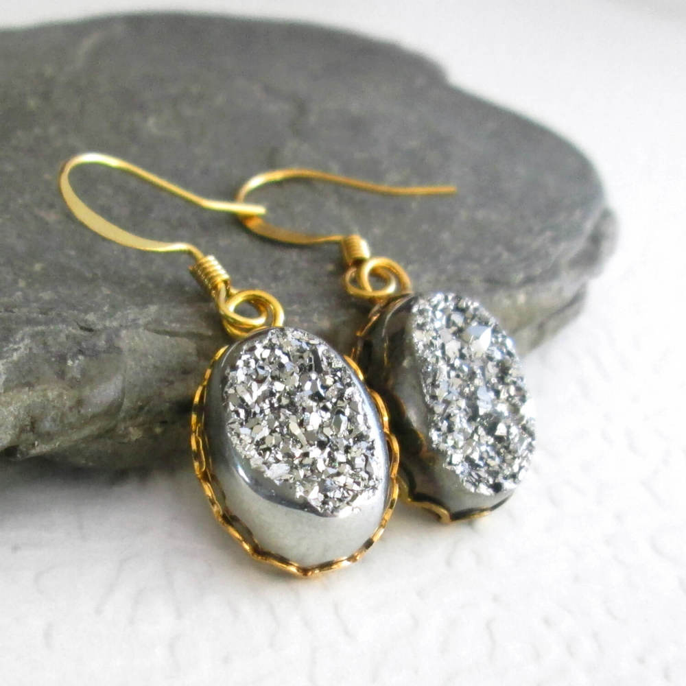Silver Druzy Earrings, Metallic Quartz Geodes, Gold Hook — CindyLouWho2