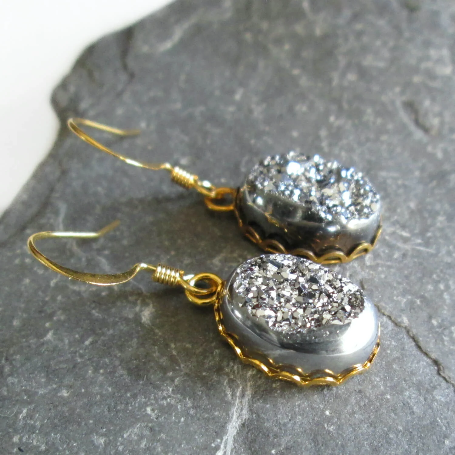 Silver Druzy Earrings, Metallic Quartz Geodes, Gold Hook 3 (1).jpg