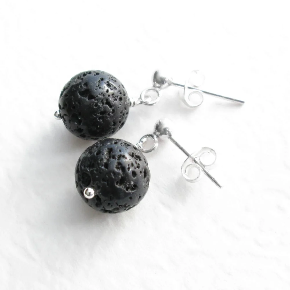Lava Stone Stud Earrings 6mm Ball Gemstone Earrings 925 Silver | Lebensquelle Plus