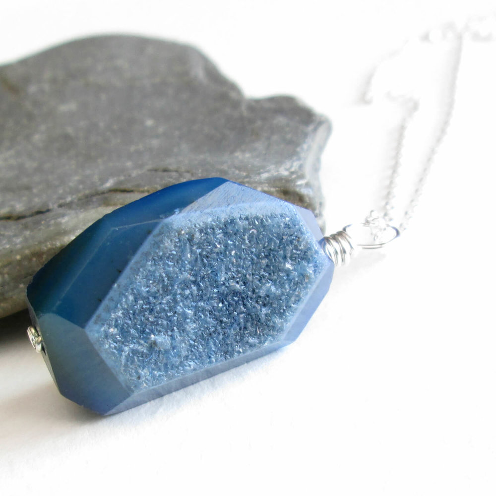 Agate Necklace Polished Druzy Jewellery Sterling Silver Natural Crystal Healing Unique Unusual Birthday Gift Valentines Cancer July