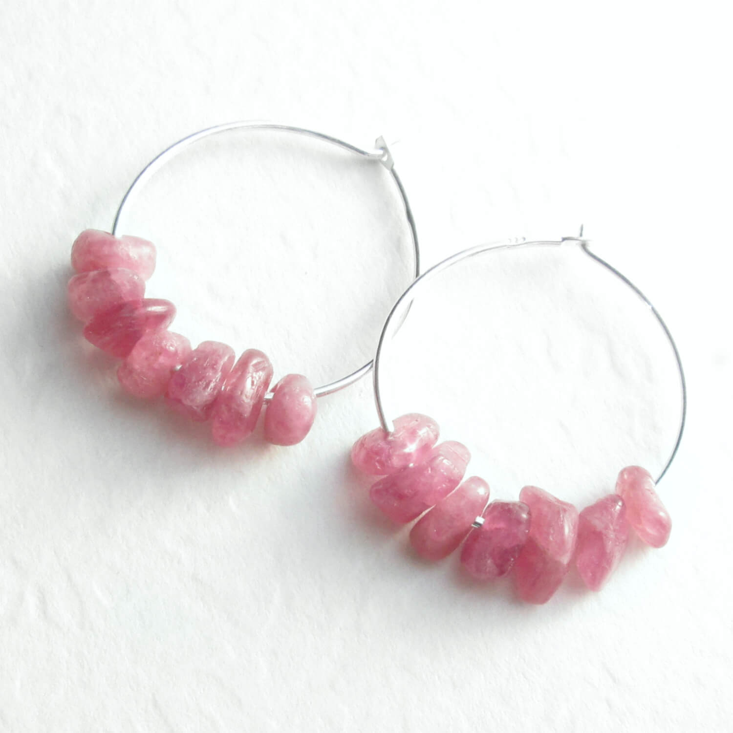Pink Tourmaline Hoop Earrings Stone Chips Sterling Silver Pink Tourmaline Hoop Earrings Stone
