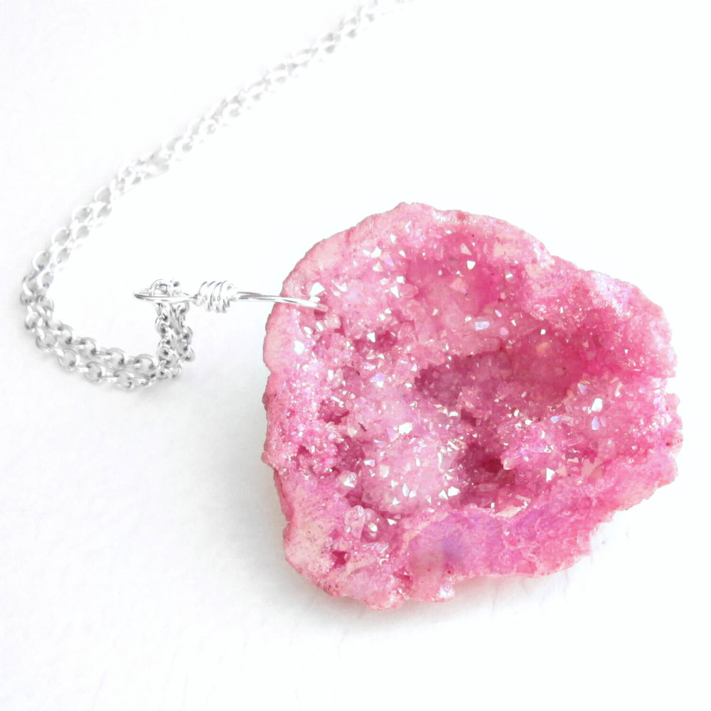 Rose Quartz Love Stone on Aura Quartz Druzy Crystal Slice w Golden Accents Charm Necklace