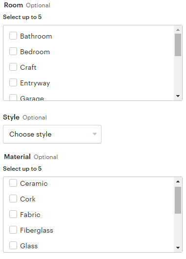 The optional attributes for lamps, in the new Home and Living Category filter test