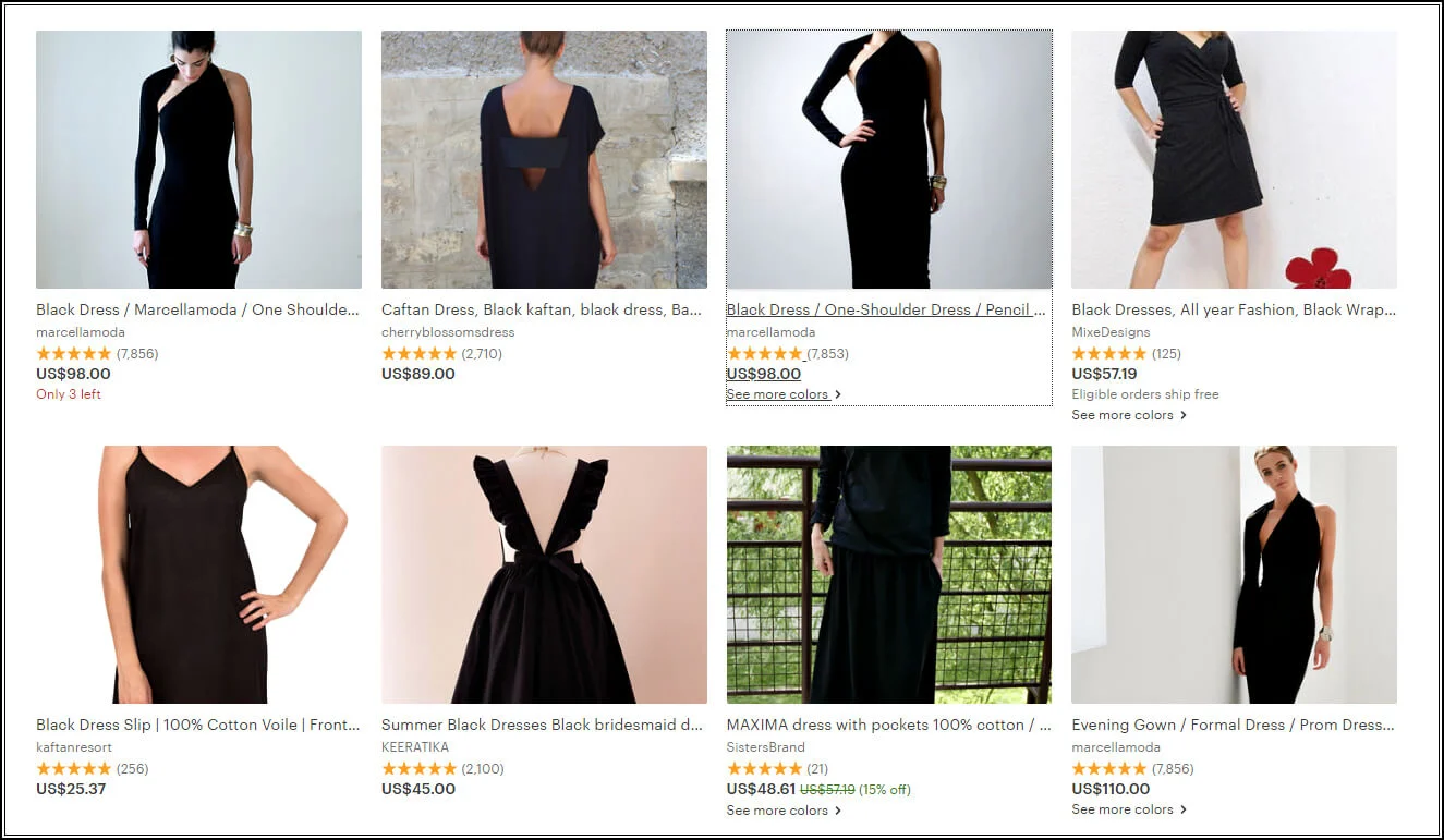 "Clumping is still happening on Etsy - this is the very top of the search for "black dress" on March 31, 2018. Three items are from the same seller - two are the same item listed multiple times, and the third is the same style of dress but full length. (The shop also has a fourth item further down the page) 