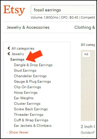 If a pair of earrings is not in the Earrings category, it can't be found in a search for 'earrings' once a customer clicks on the subcategories in the sidebar. Getting fewer clicks from search can hurt its rankings. 