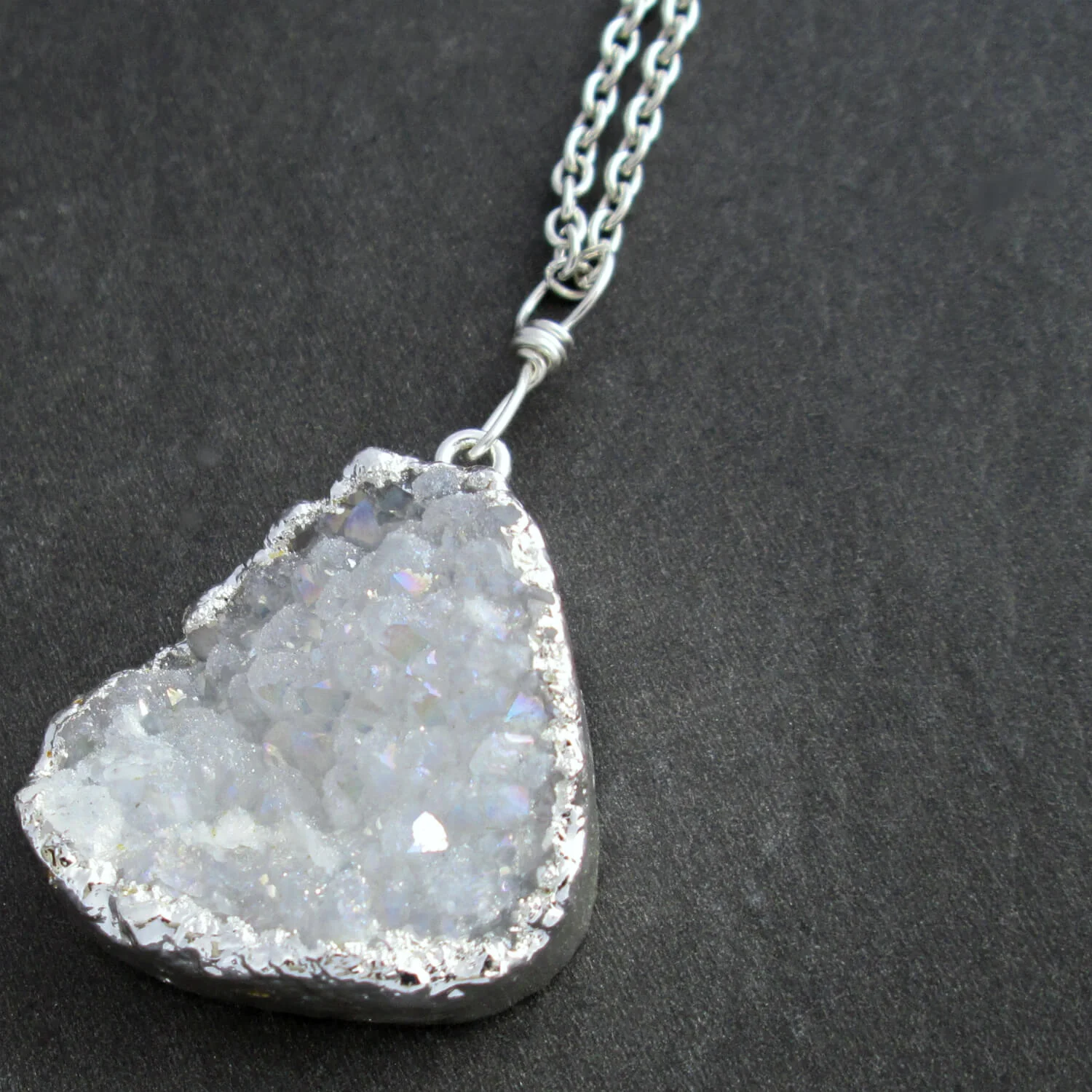 White Druzy Quartz Necklace, Electroplated in Silver