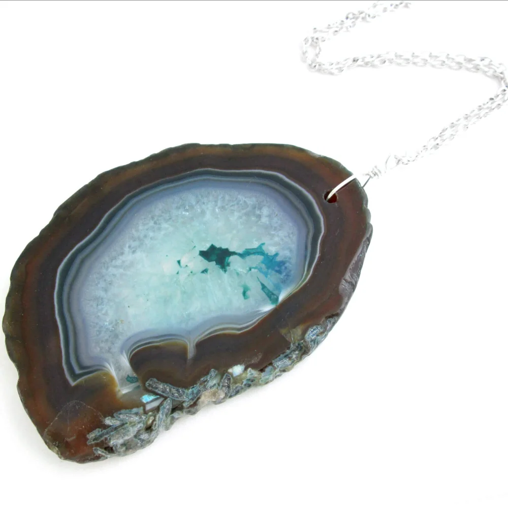 Large Lovely Blue Shapes Lot S-290 YOU CHooSE Agate Slice Pendant with Silver Electroplated Edge and Bail