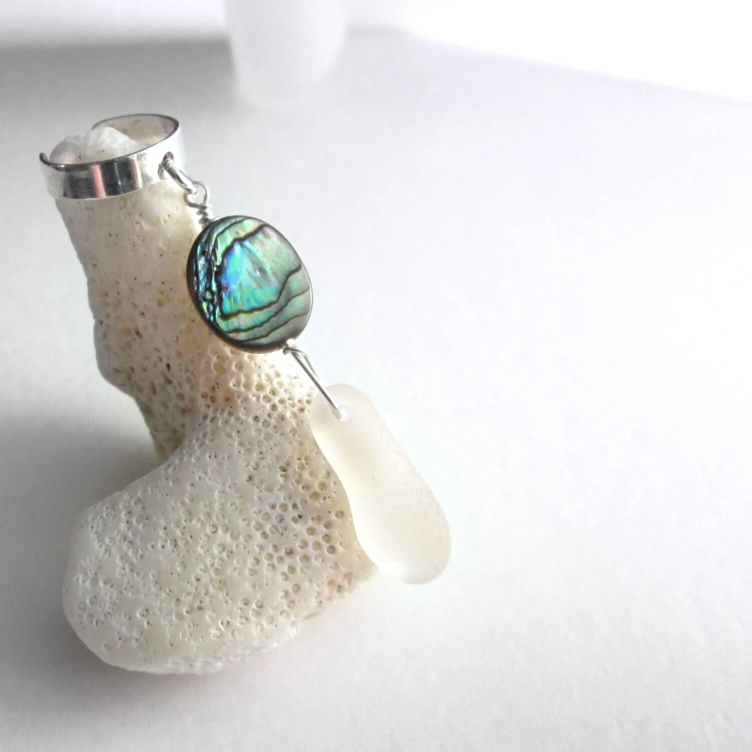 White Sea Glass Ear Cuff Natural Abalone Shell Jewelry