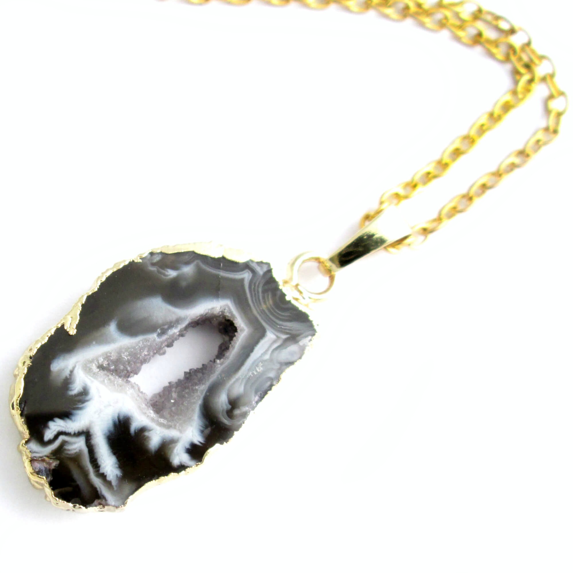 Natural Druzy Quartz Agate Amethyst Geode Gemstone Pendant Silver Gold Necklace 