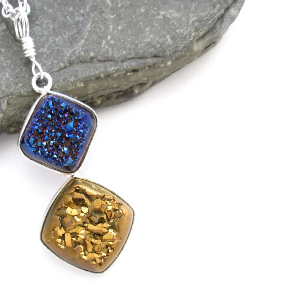 S118B8 Druzy Pendant Diamond Shaped Double Bail Pendant Gold or Silver Electroformed