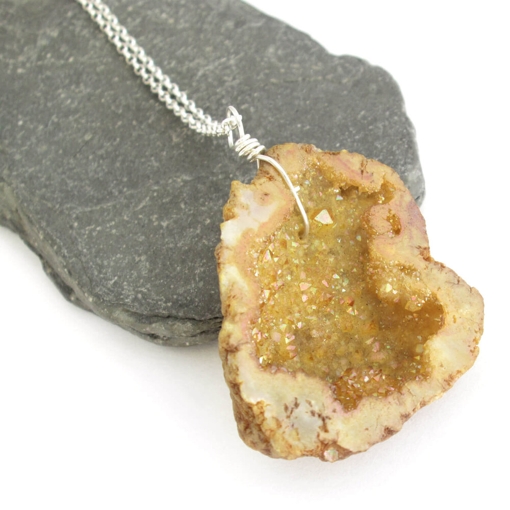 Fashionable and Trendy Geode Jewelry Blue Geode Druzy Crystal Necklace Framed with a 18k Gold-Filled Wire and Bezel