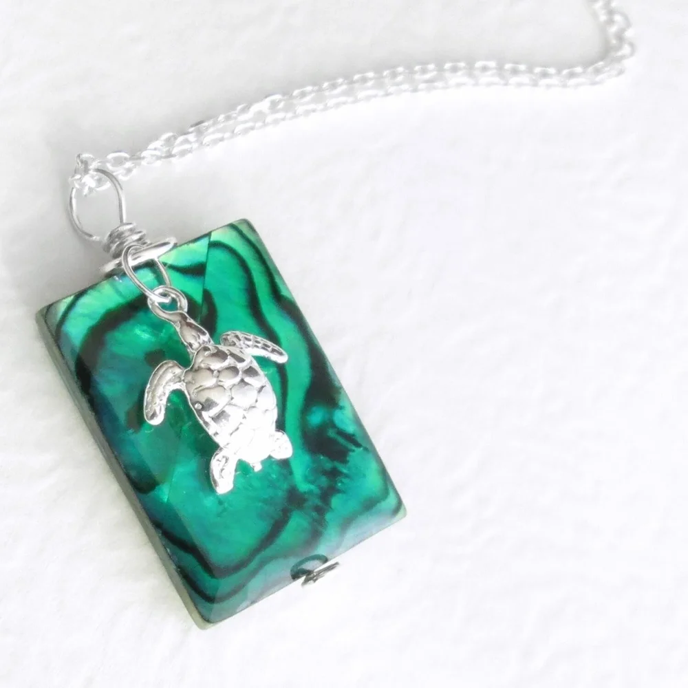 Green Abalone Shell Necklace, Silver Turtle Charm — CindyLouWho2 - Main Image