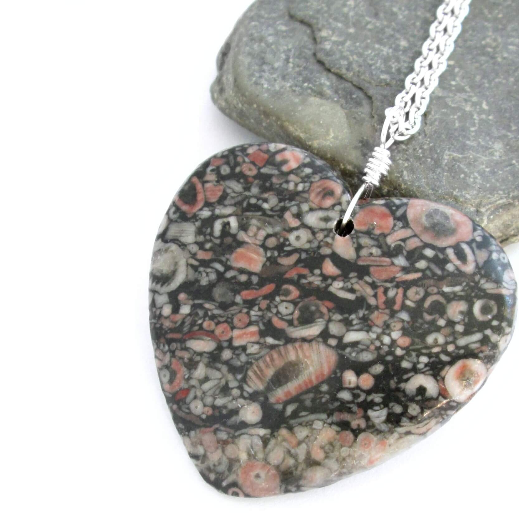 Fossil Heart Necklace, Crinoid Jasper Jewelry, Black & Pink Stone ...