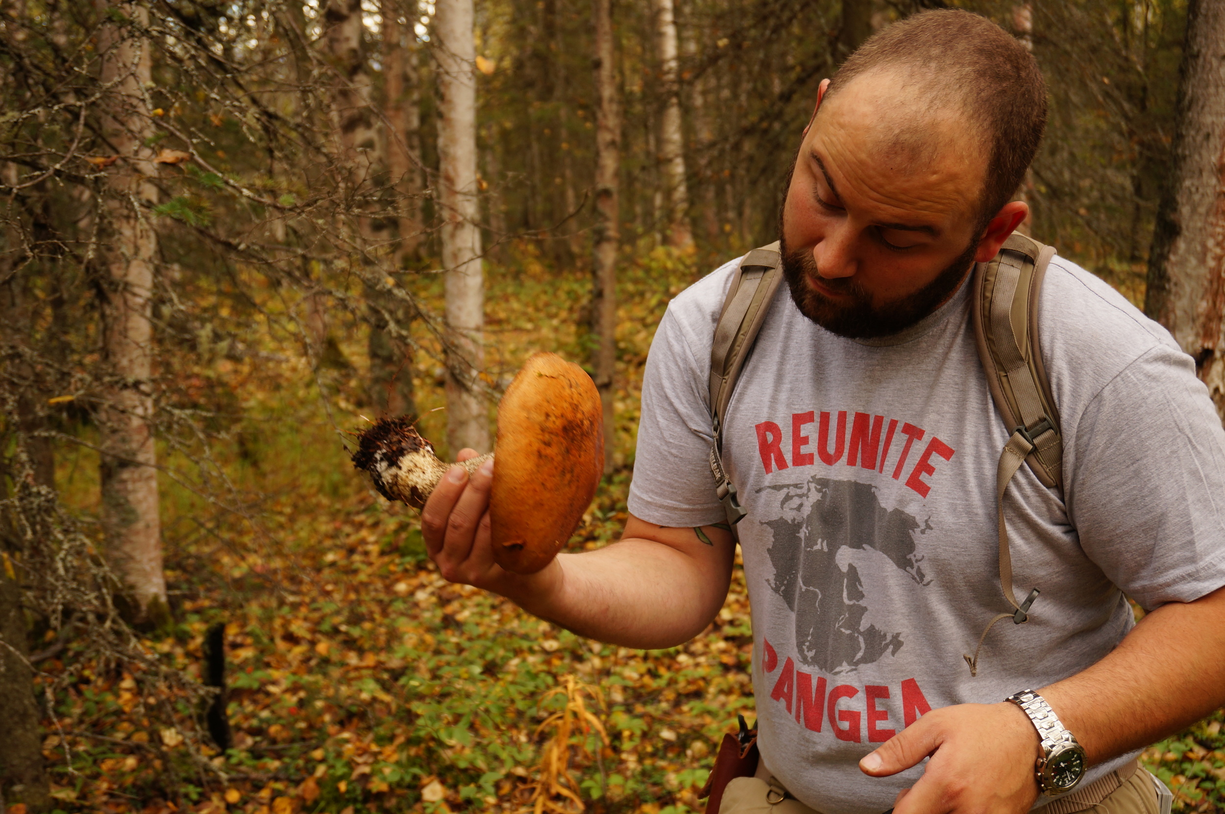 Tony with a nice-looking Birch Bolete. 1/60 shutter, f/4.5, ISO 160