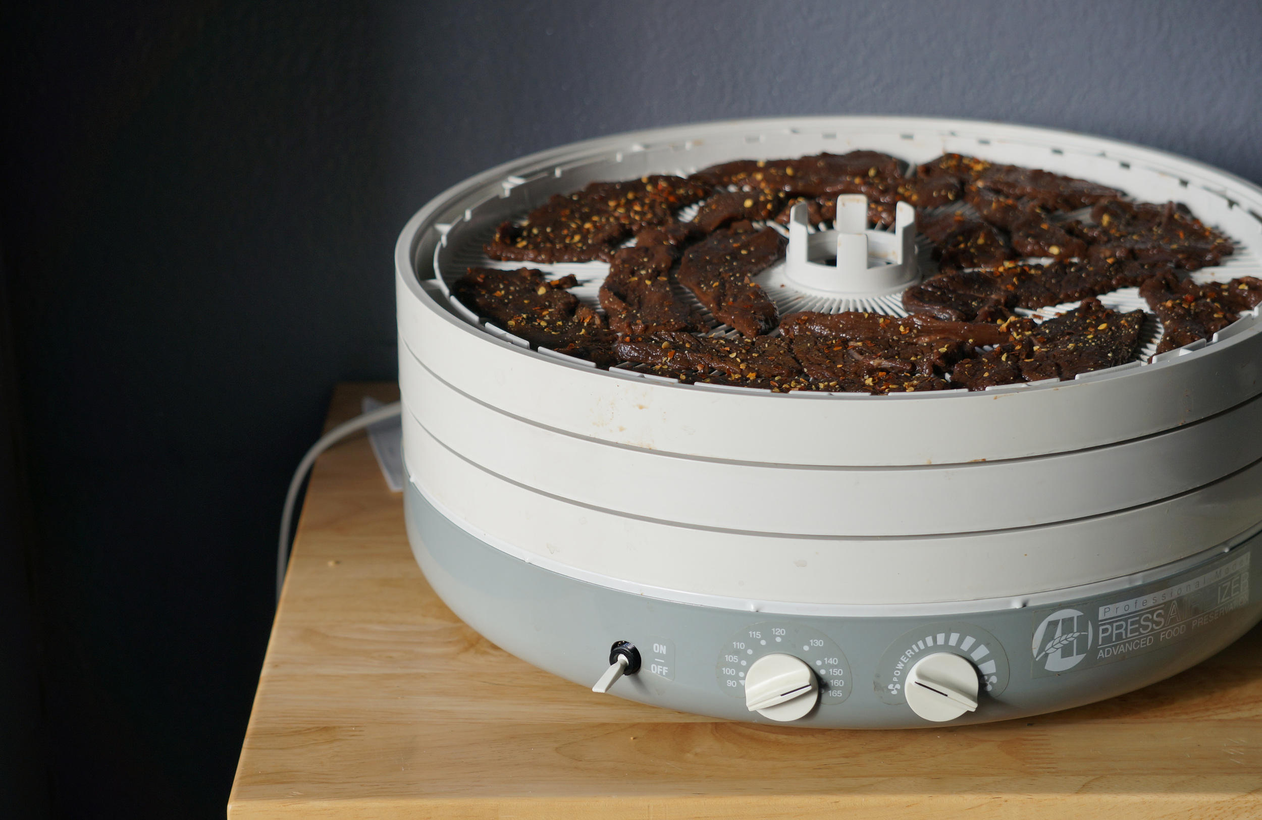 Tony and I got into dehydrating this fall. Alaska has so much bounty to offer. This was a batch of caribou jerky, but we also did several batches of mushrooms and berry fruit-leather.