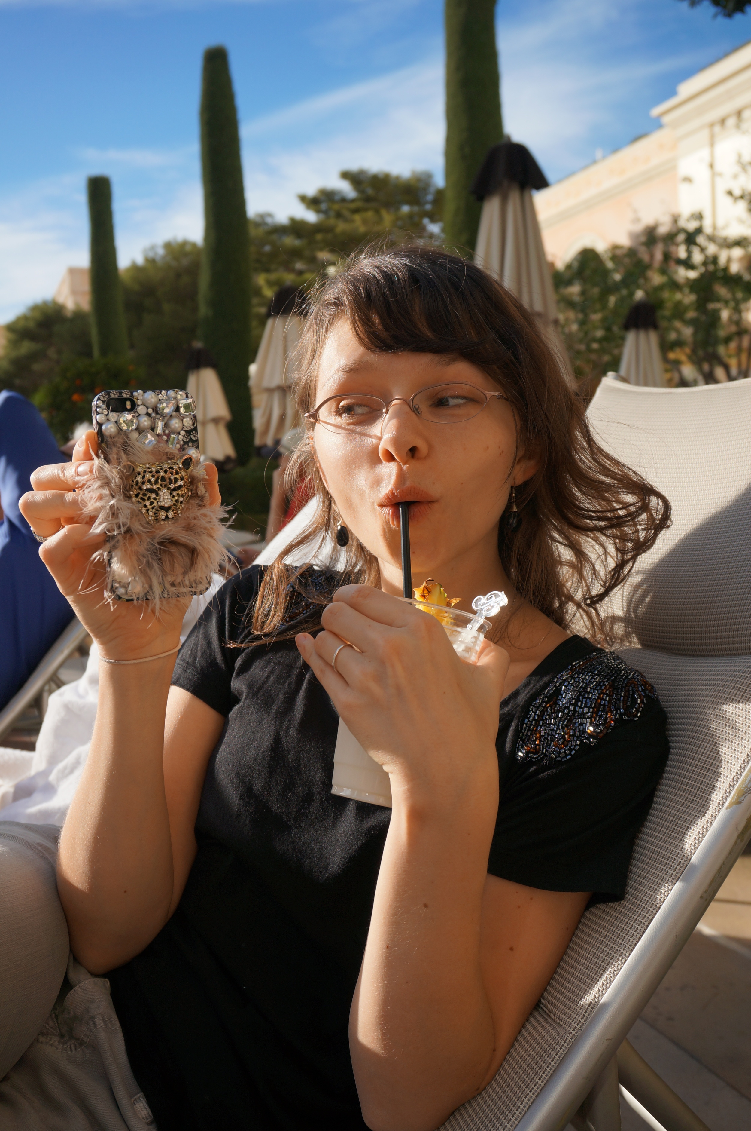 Emily brings out this amazing gaudy phone case every time we go to Vegas. It has gemstones, faux fur, and (naturally) a glitzy leopard head. Nothing says Vegas like rhinestone leopards and pool-side Pina Coladas.