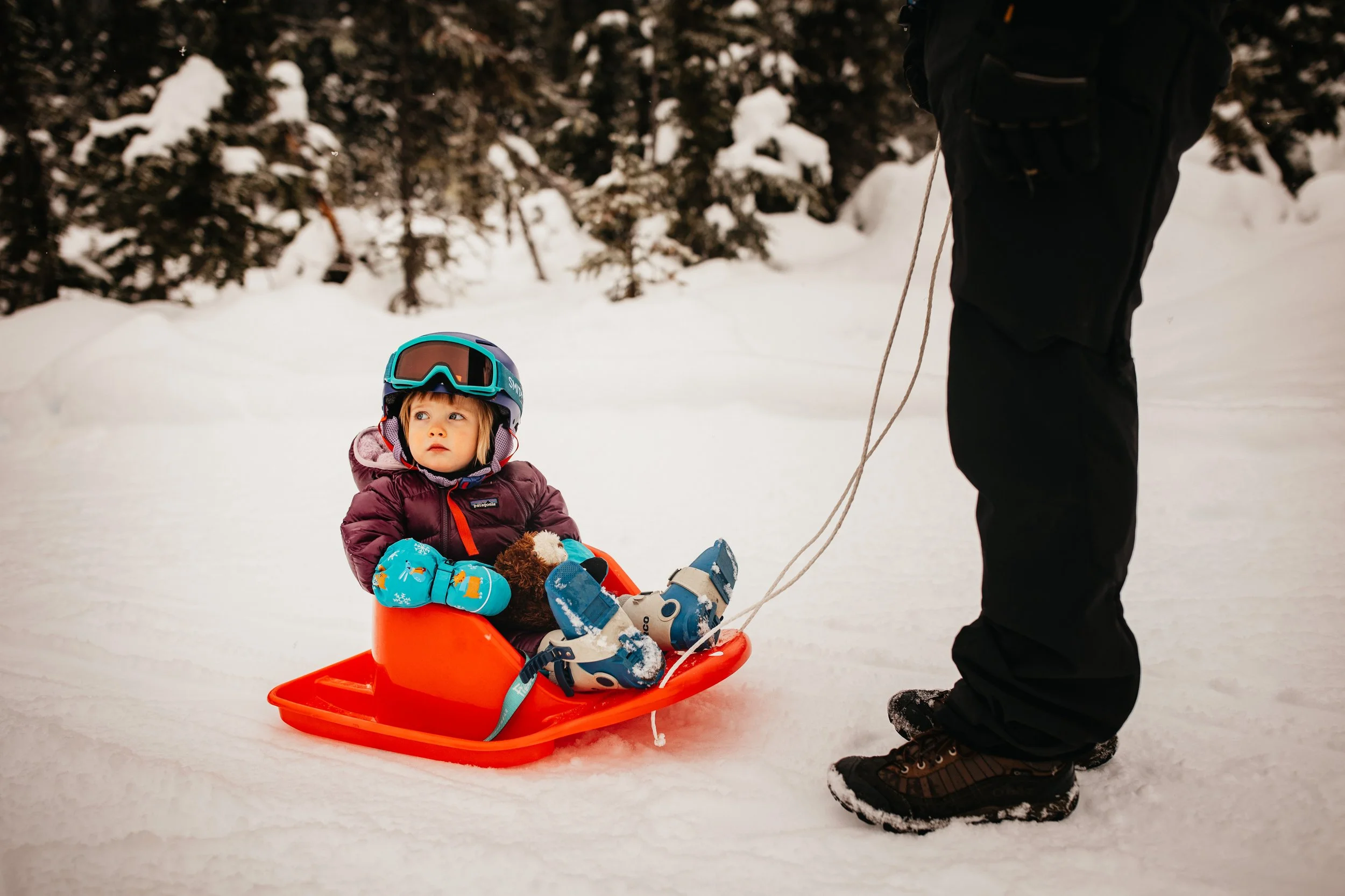 A kid decked out in ski gear sits in a sled