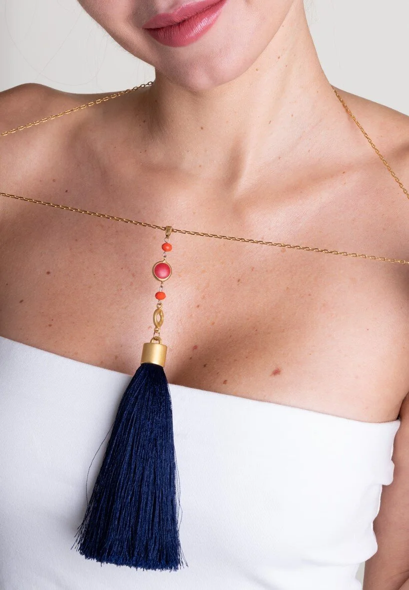 Large Tassel Necklace - Navy Blue 