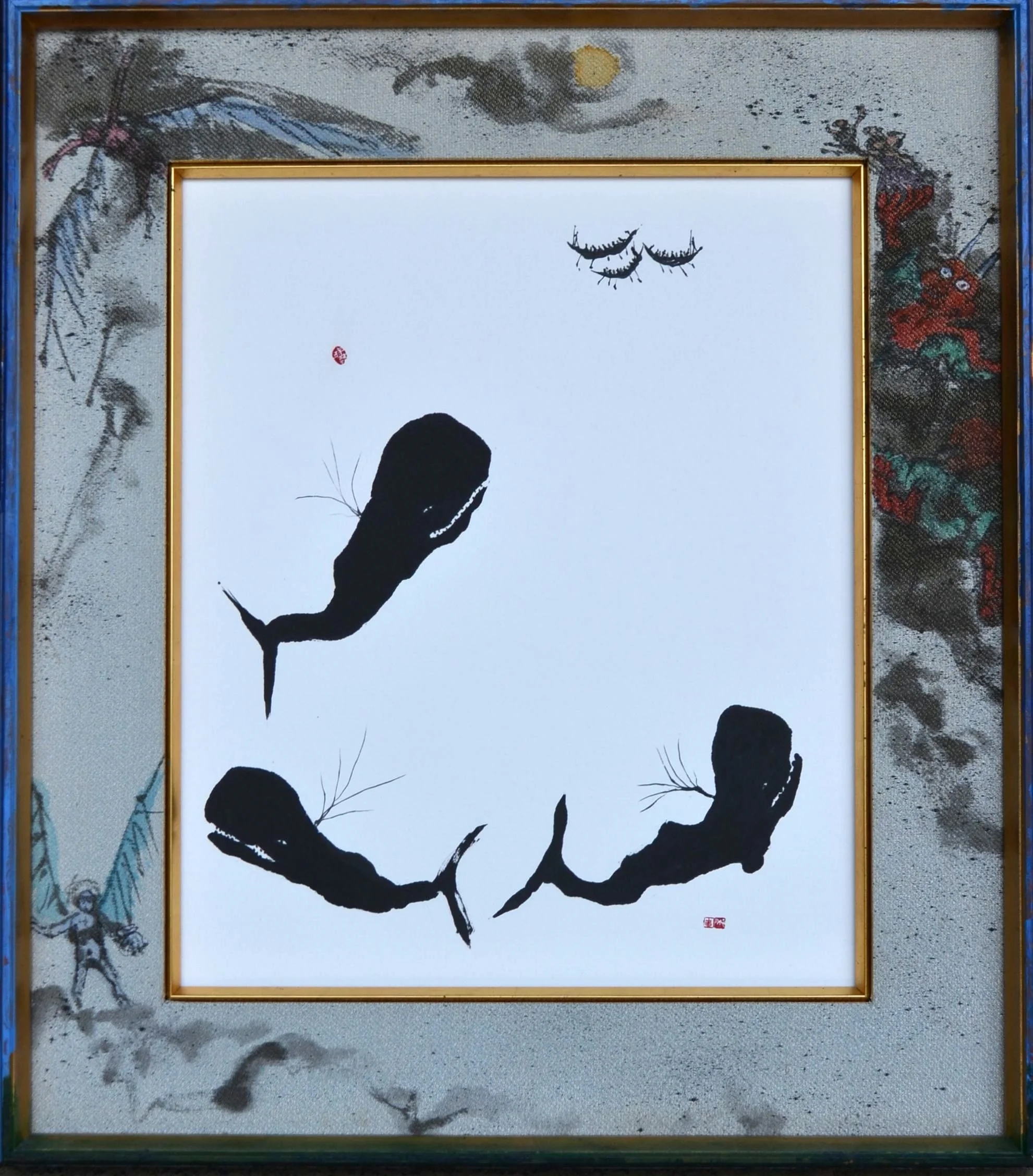 whale mandala, sumi ink and paintied antique frame, 2014