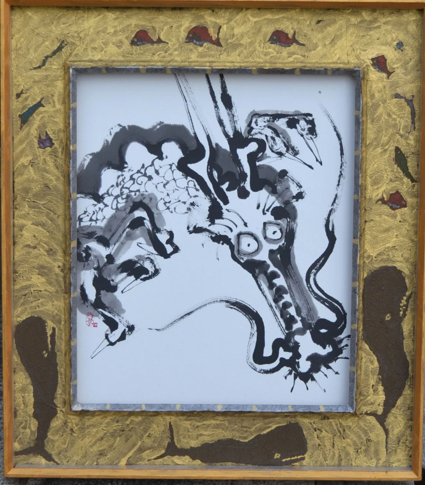 dragon mandal, painted antique frame, 2014