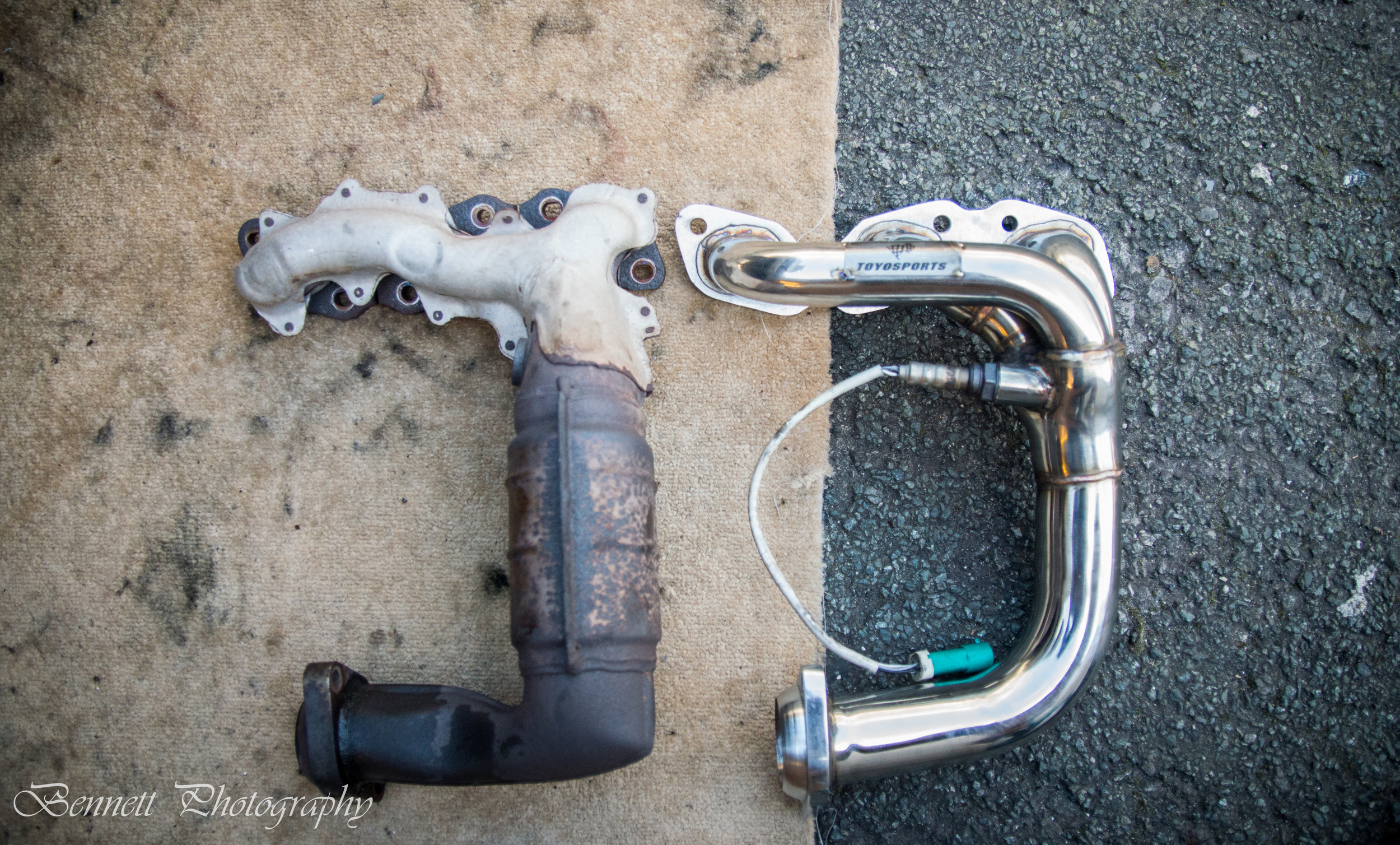 Comparison between the Standard manifold and pre cat, against the free flowing Toyosports 3 branch header