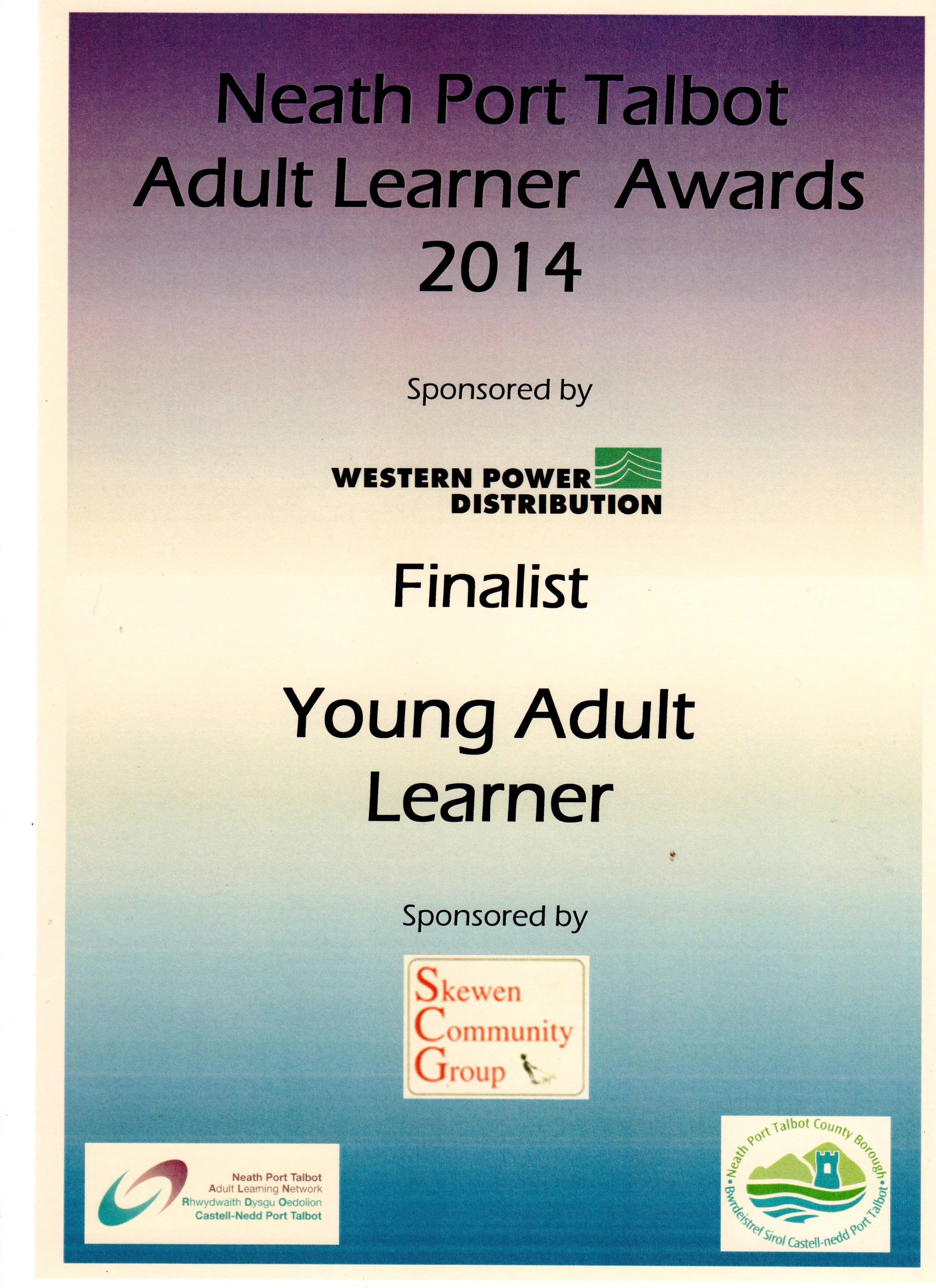 Finalist award for my efforts to start my photography career within the adult community learning group, Neath Port Talbot