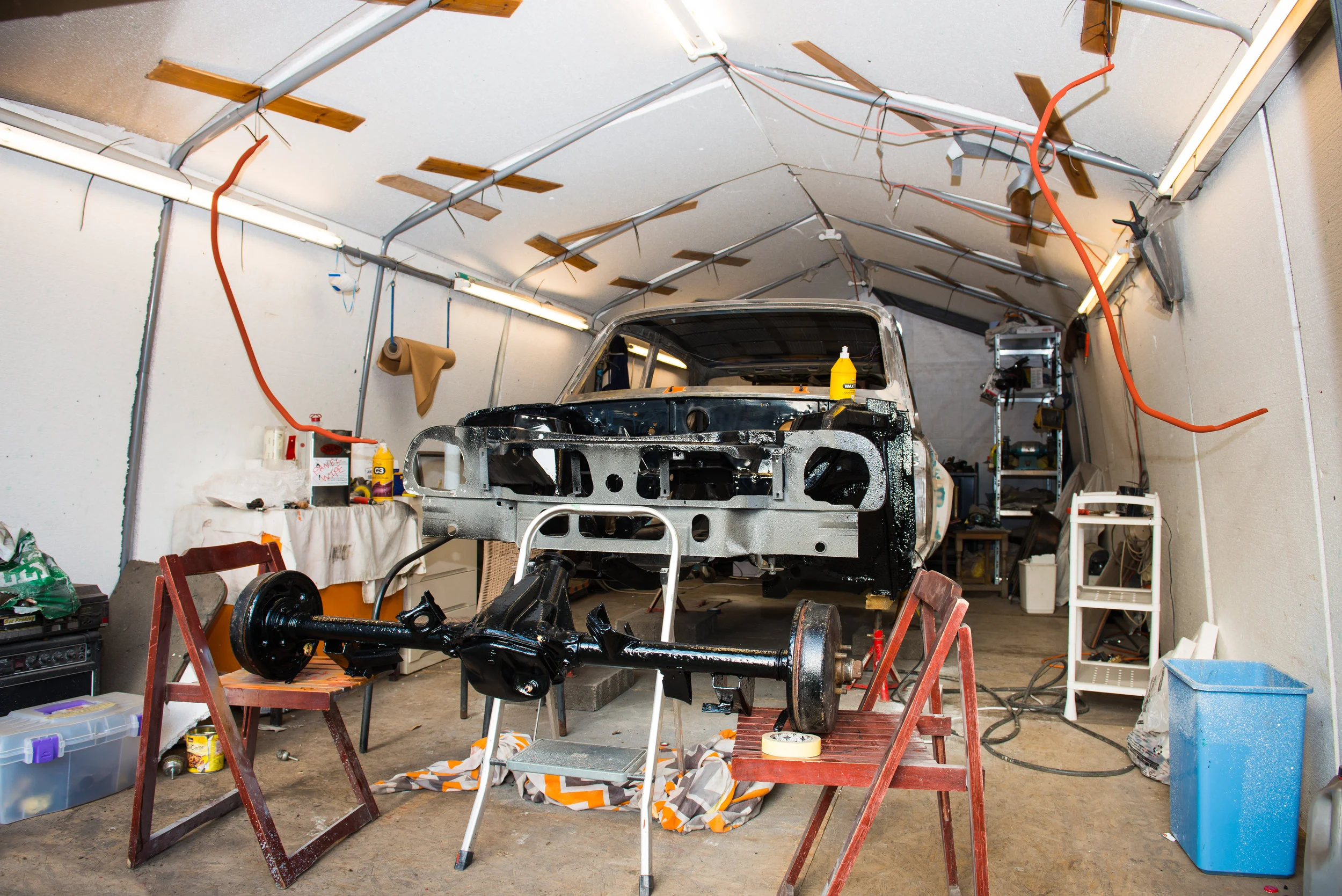 Now off the roll over jig, The Dolomite rests on axle stands for the first time in several months