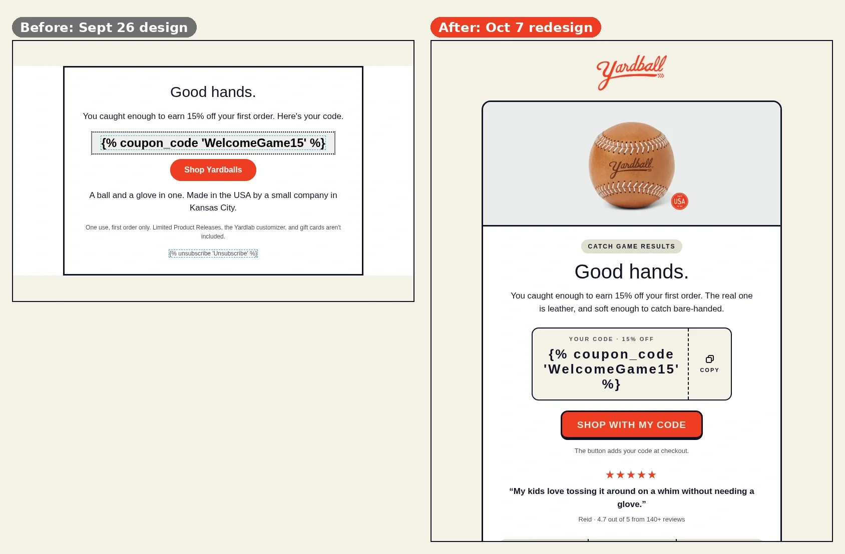 Klaviyo welcome email template comparison showing the September 26 design beside the October 7 redesign with Yardball photography and a coupon ticket.