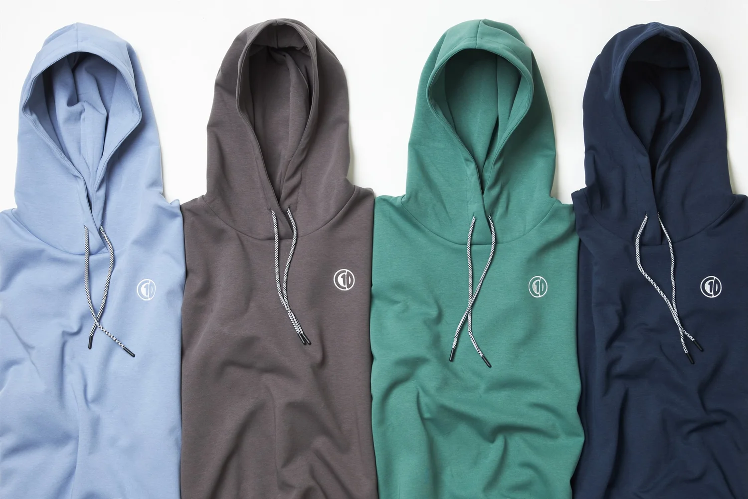 Four Circle 1 hoodies arranged for clean product photography