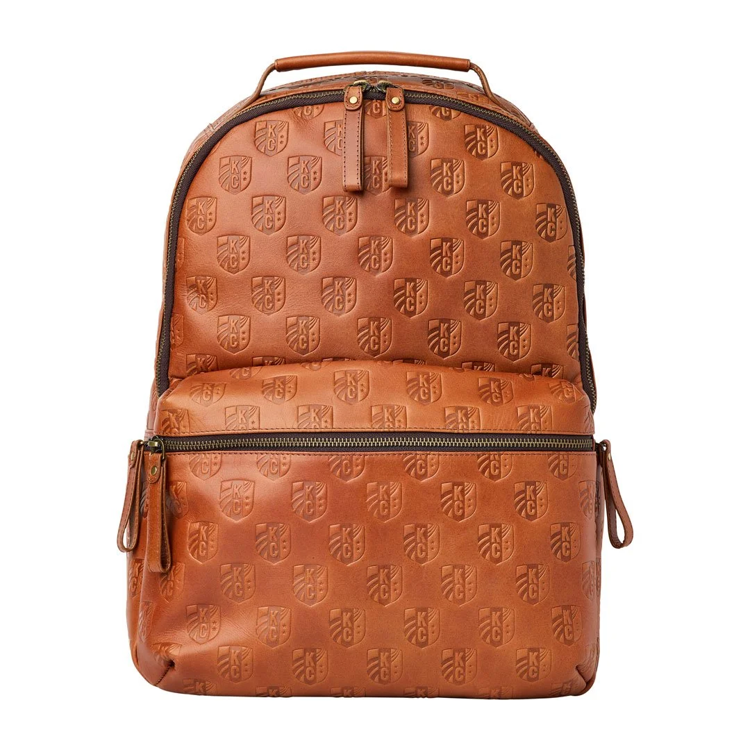 Kansas City Current embossed tan leather backpack - commercial accessory photography