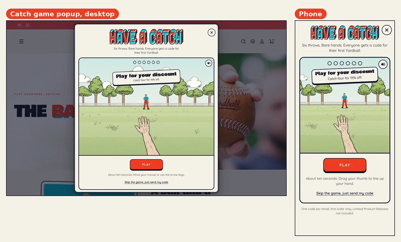 Yardball catch game email signup shown on desktop and phone, with six throws and a discount offer.