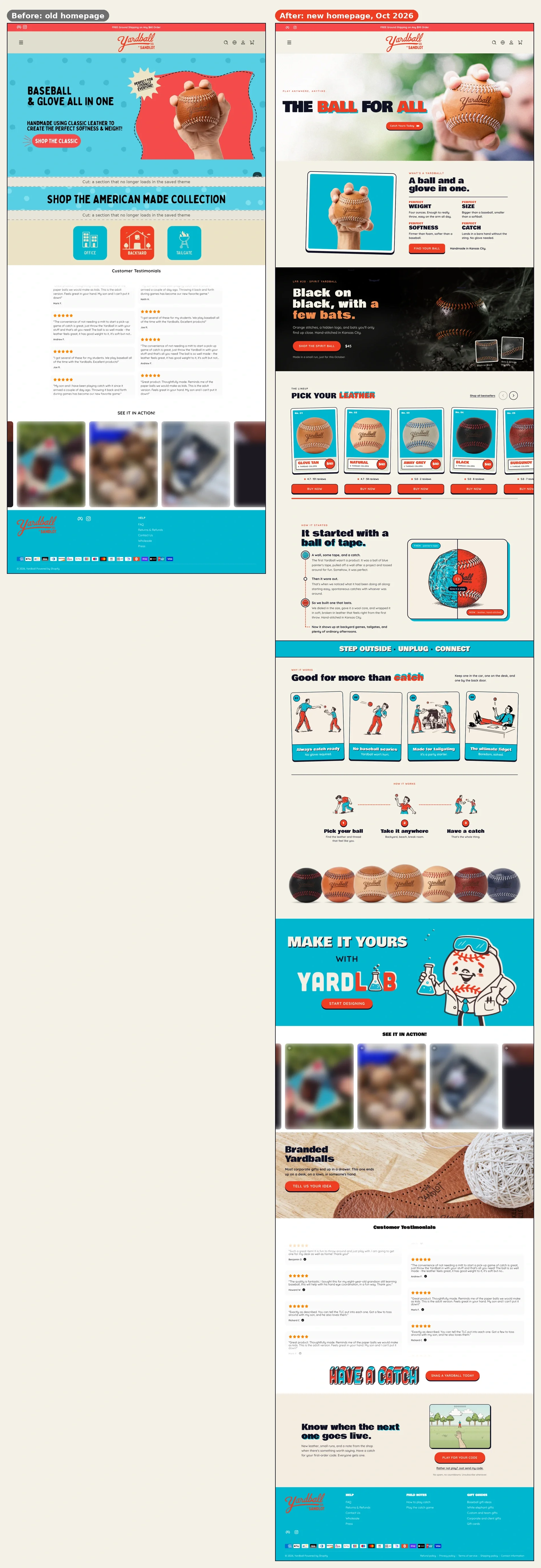 Yardball homepage comparison showing the old theme beside the rebuilt header, photographic hero and product explanation section.