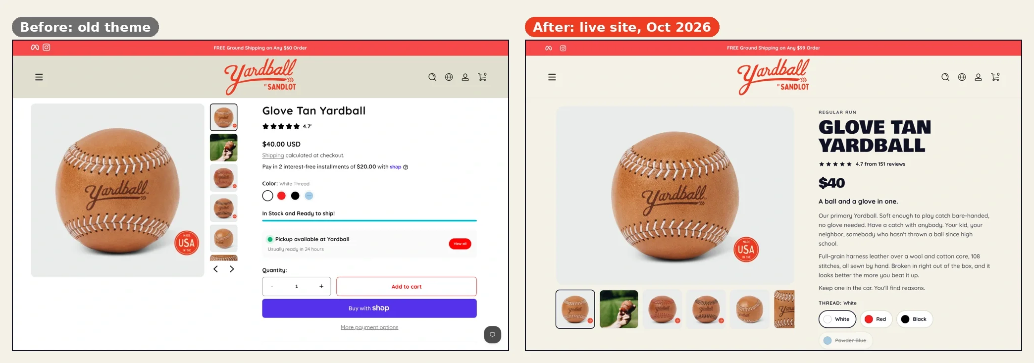 Old and rebuilt Yardball Glove Tan product pages, showing clearer product copy and labeled thread choices in the rebuilt design.