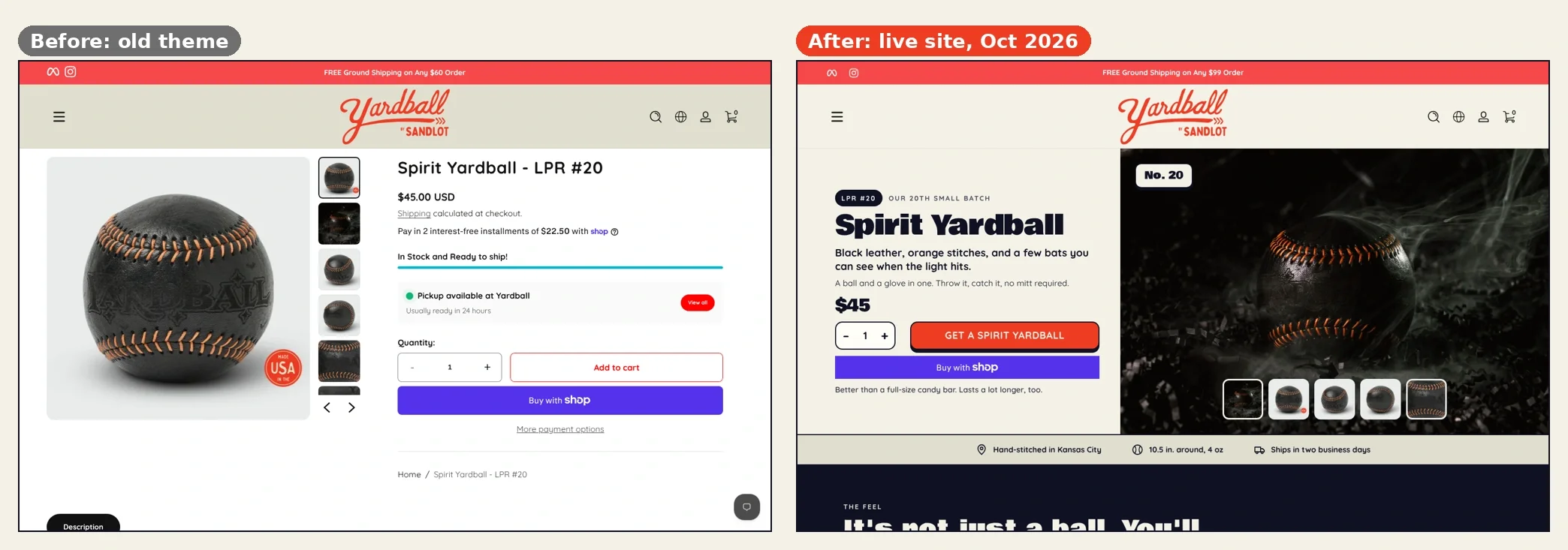 Old and rebuilt limited run product pages for Spirit Yardball, with the rebuilt page presenting the run number and large product photography.