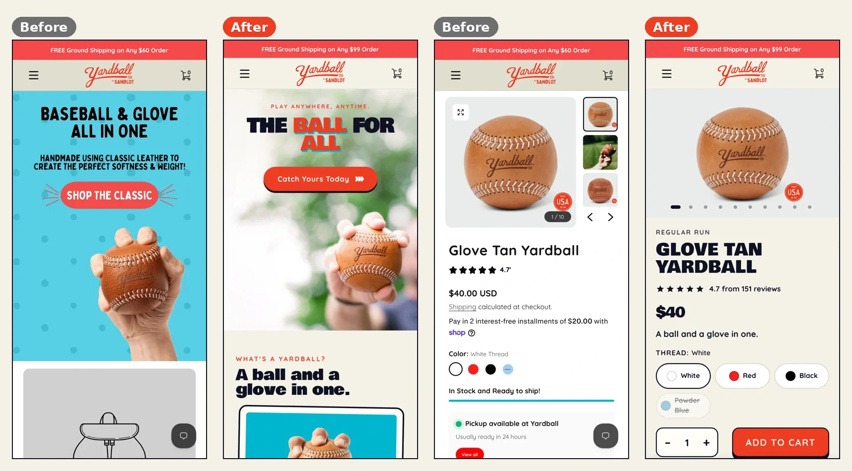 Phone comparisons of the Yardball homepage and product page before and after the rebuild.