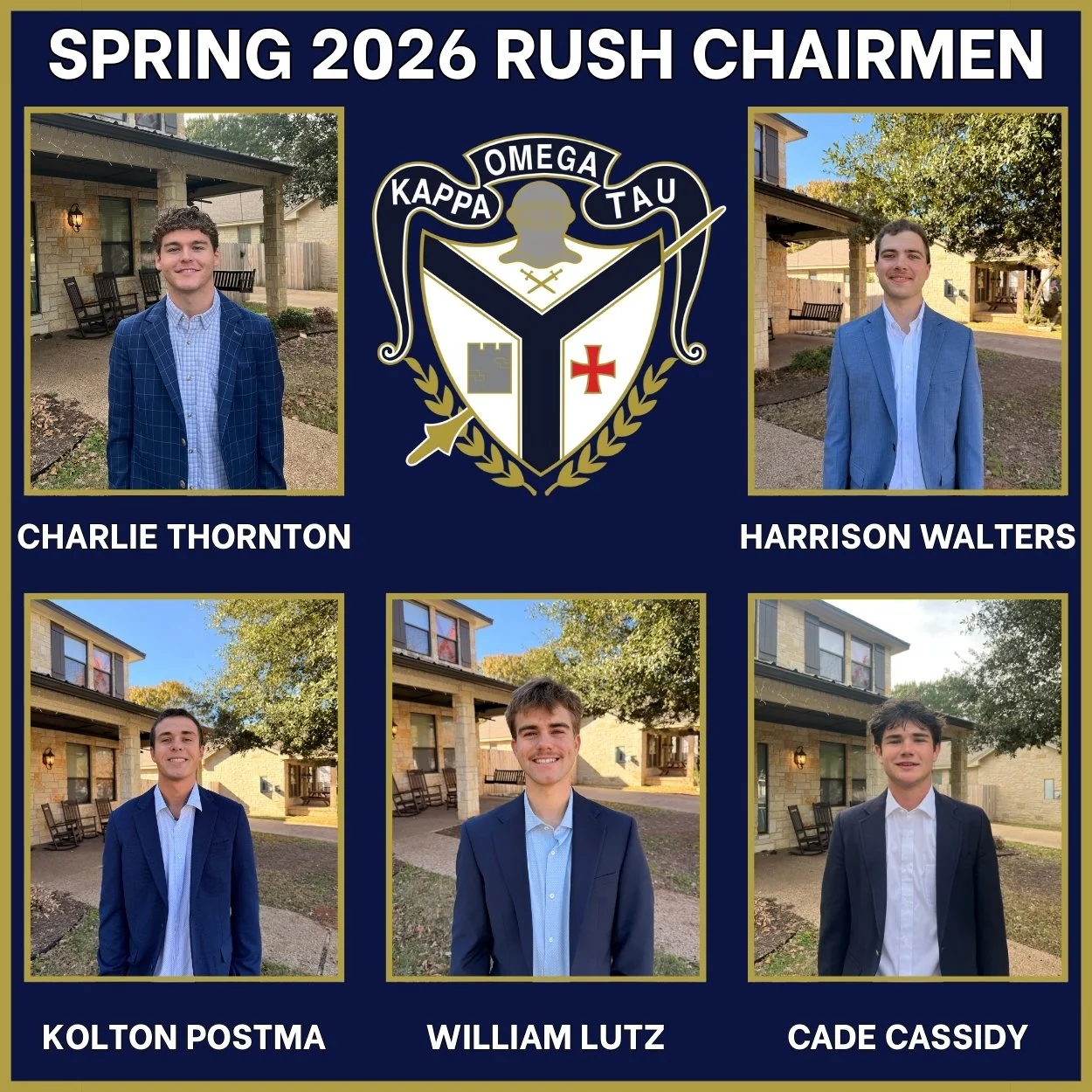 Introducing your Spring 2026 rush chairmen! If you are interested in exploring membership with Kappa Omega Tau, please reach out to one or all of our rush chairs to learn more about KOT. 

Cade Cassidy- 980-215-5133
William Lutz- 254-661-1319
Kolton 