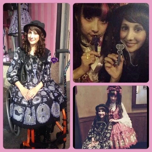 Angelic Pretty Model RinRin Doll and I with the personalized key necklaces I made for her and I, and me in my sweet new Aero T chair from TiLite! I'm wearing the Sweet Girl Room OP by Angelic Pretty; I picked the key as the item from the print, and then I designed the key to my liking. You may also recognize the pendant on my cane from the main page, made by me. :)
