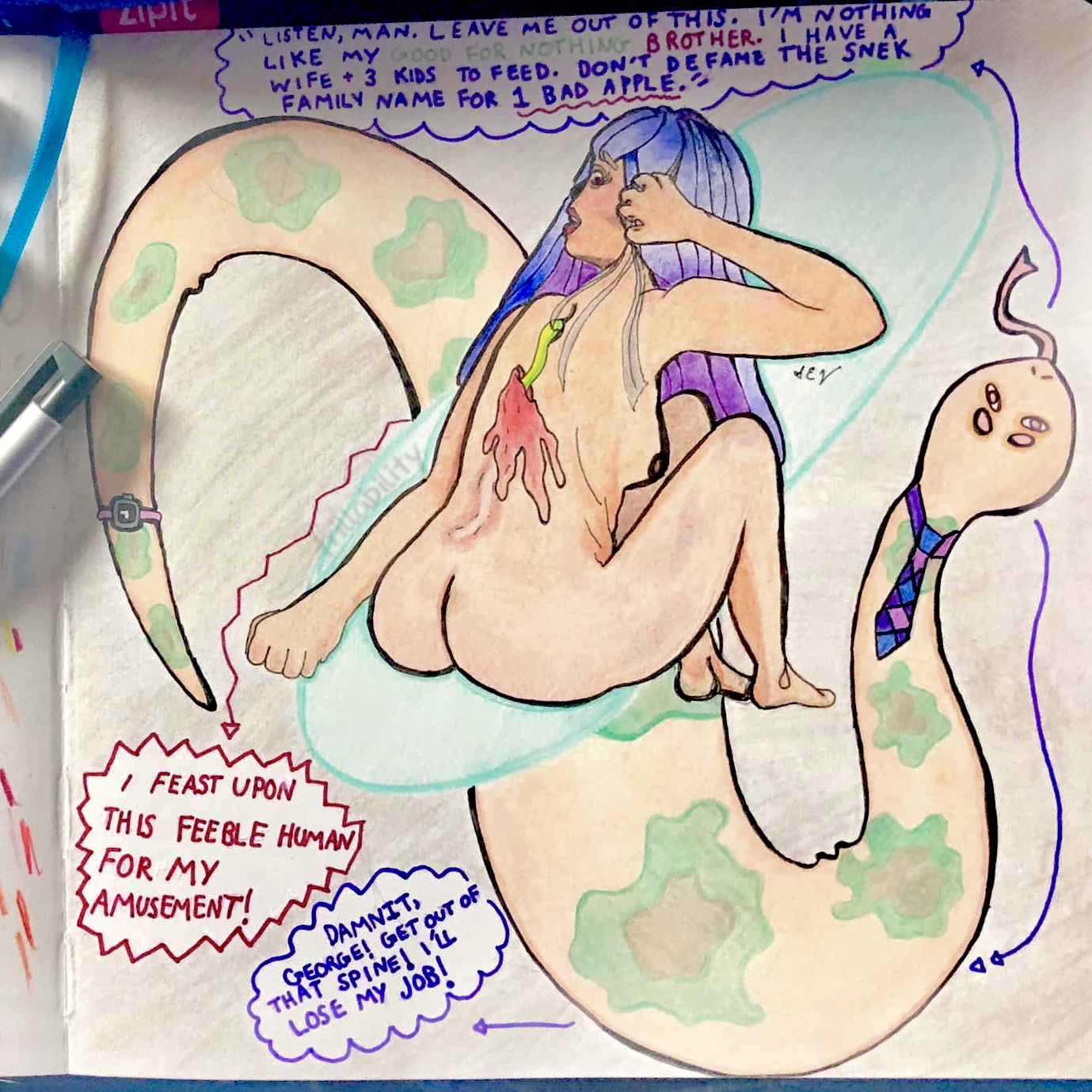 “writhing & ignorant” - Staedtler Coloured Pencil, Micron Fineliner, and Stabilo Fineliner on Illo Sketchbook by Sorel Estrada Volpe/frillability