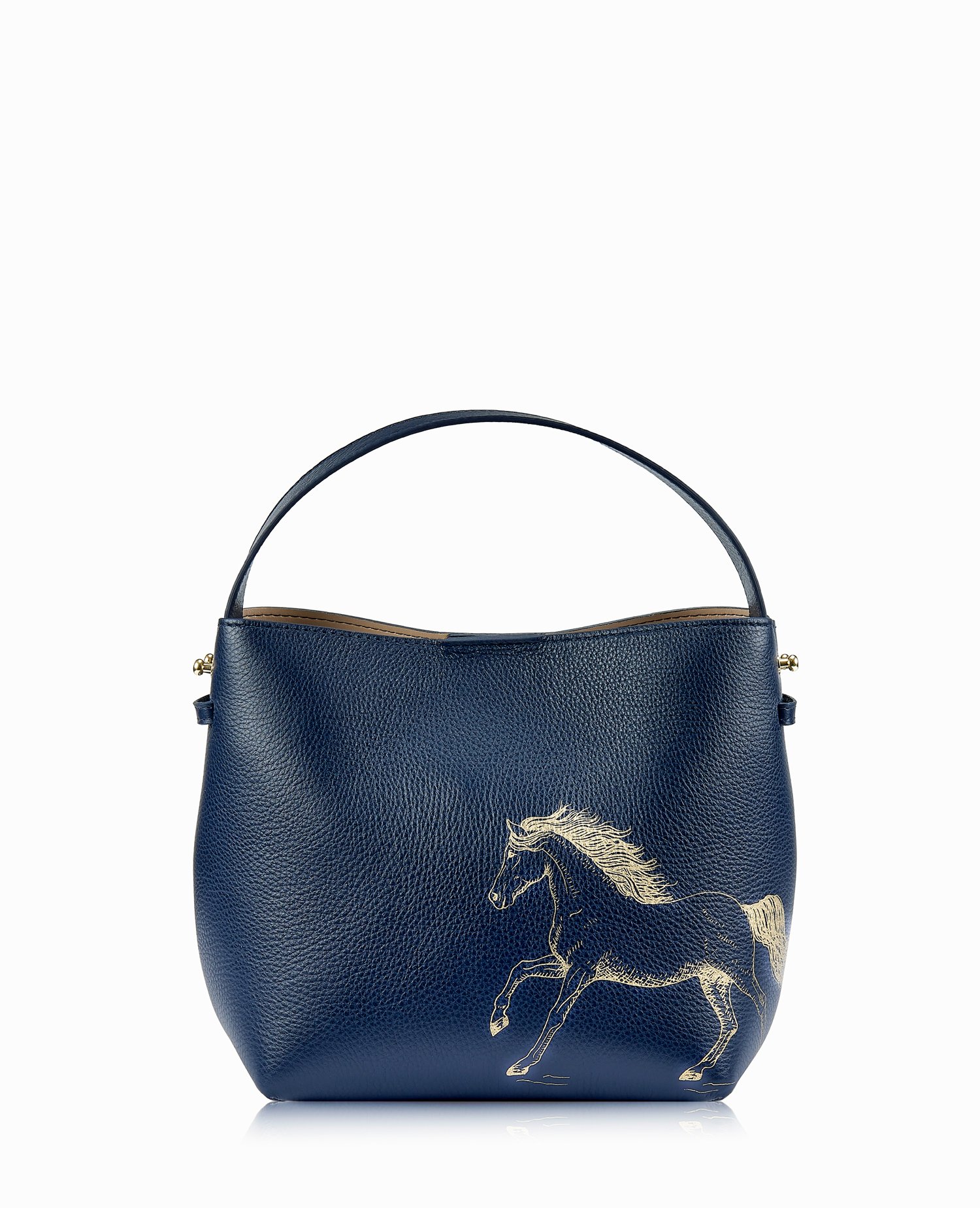 SELENA-navyblue-leatherbucketbag_equestrian gold horse cross body