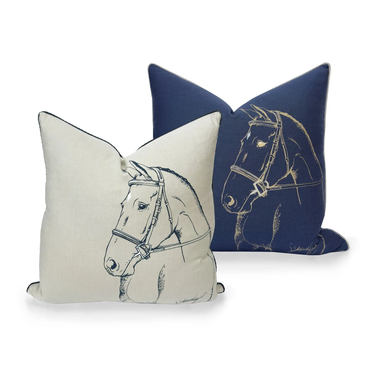 Hunter Horse 20 inch decorative feather throw pillow, equestrian chic country style homes, riding polo,  navy blue taupe gold