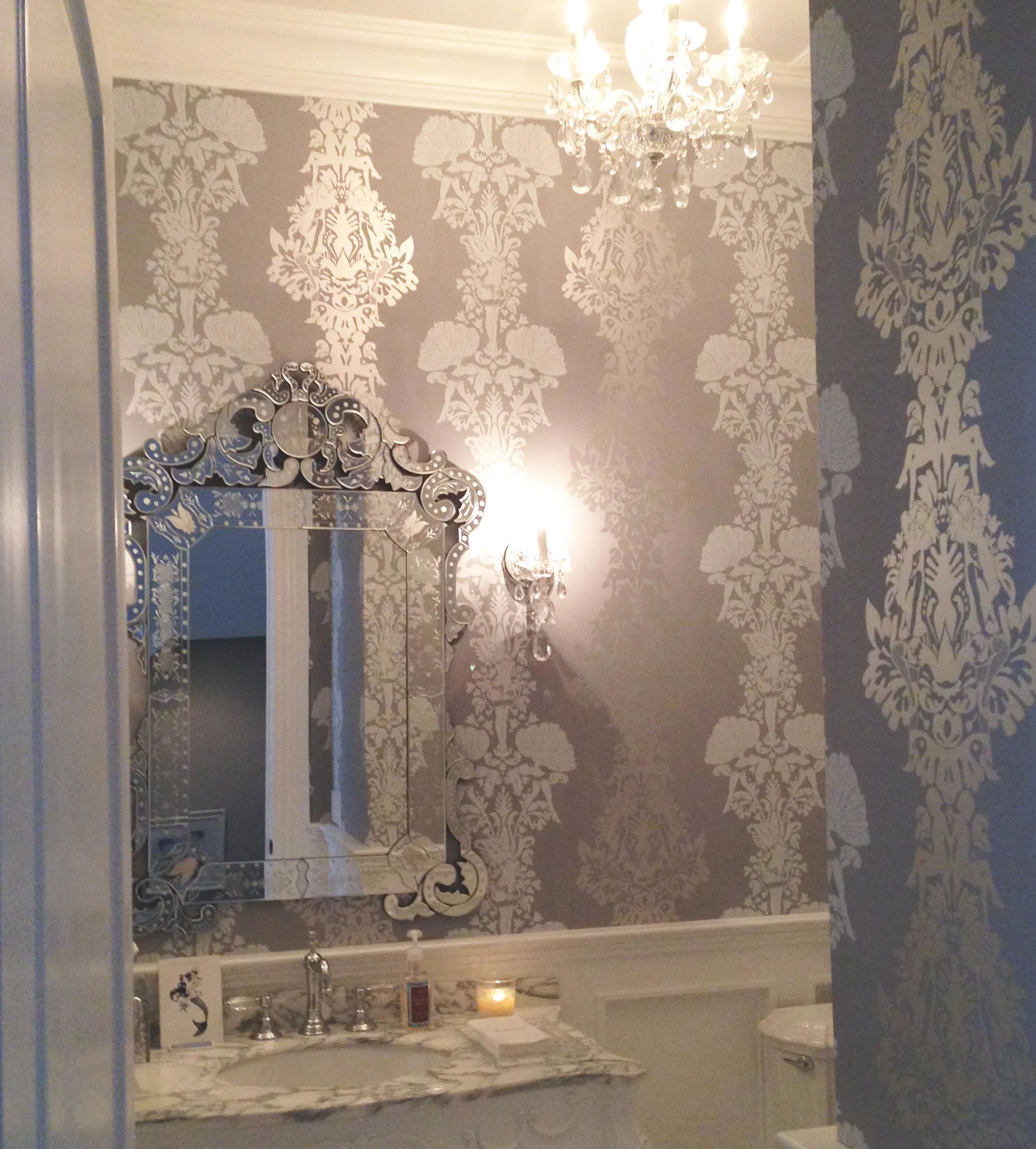 Peep Show Burlesque dancer metallic silver blue wallpaper powder room accent wall cool wallpaper blue wall covering boudoir luxury living room dining room