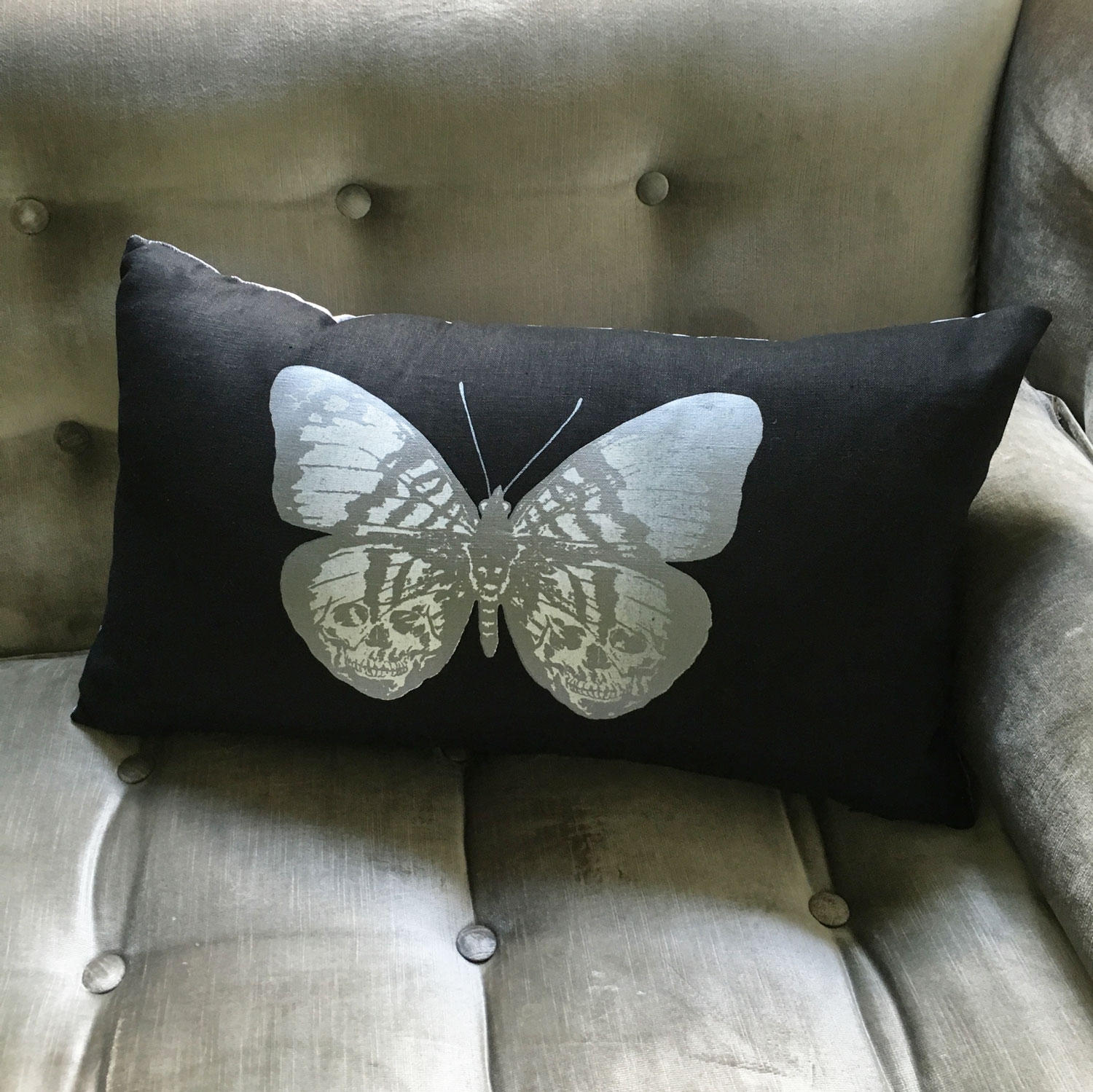 Black and silver Butterfly skull 22" lumbar pillow, black linen and metallic silver
