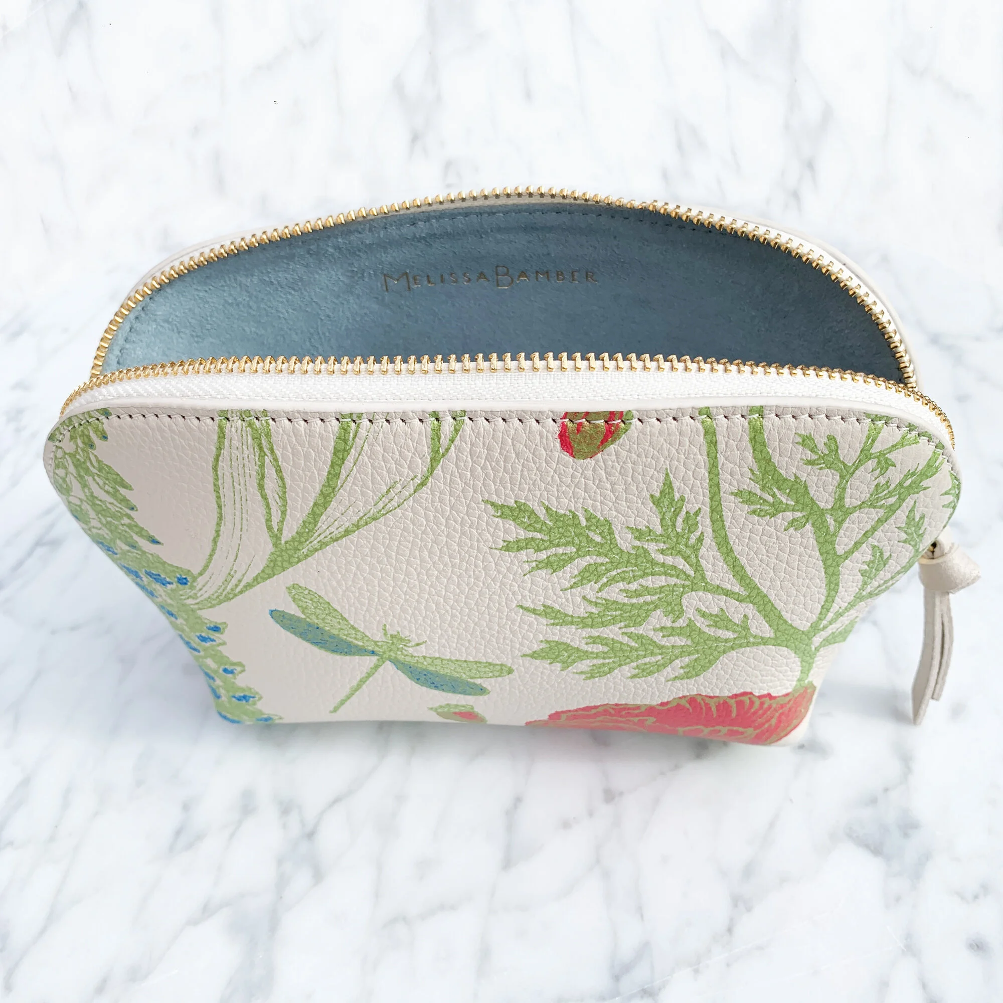 Garden Party cream leather cosmetics pouch, botanical gift for her, dragonfly, hydrangea, bumble bee, poppy, gifts for gardeners